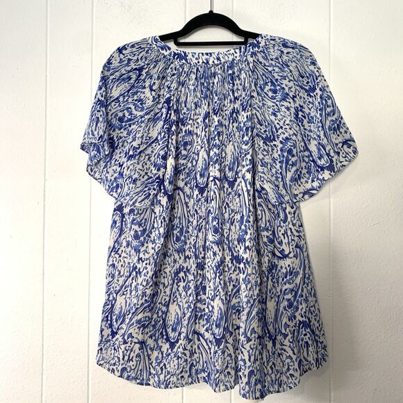 Tahari Womens 1X Shirt Blouse Flowy Flutter Sleeves Blue White Floral NEW - Picture 4 of 8